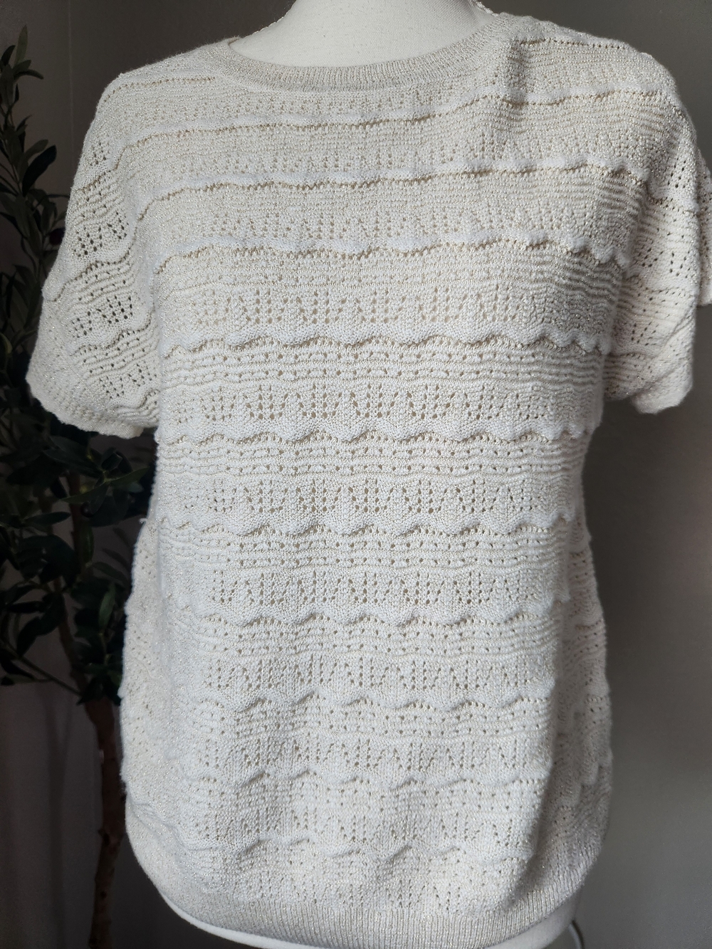 Style & Co. Cream Sparkle Knit Short Sleeve Sweater